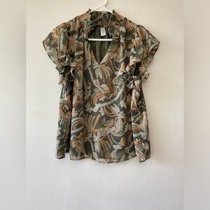 Joie Floral Print Smocked Neck Blouse – Ruffle Sleeves Boho Chic Top Size M